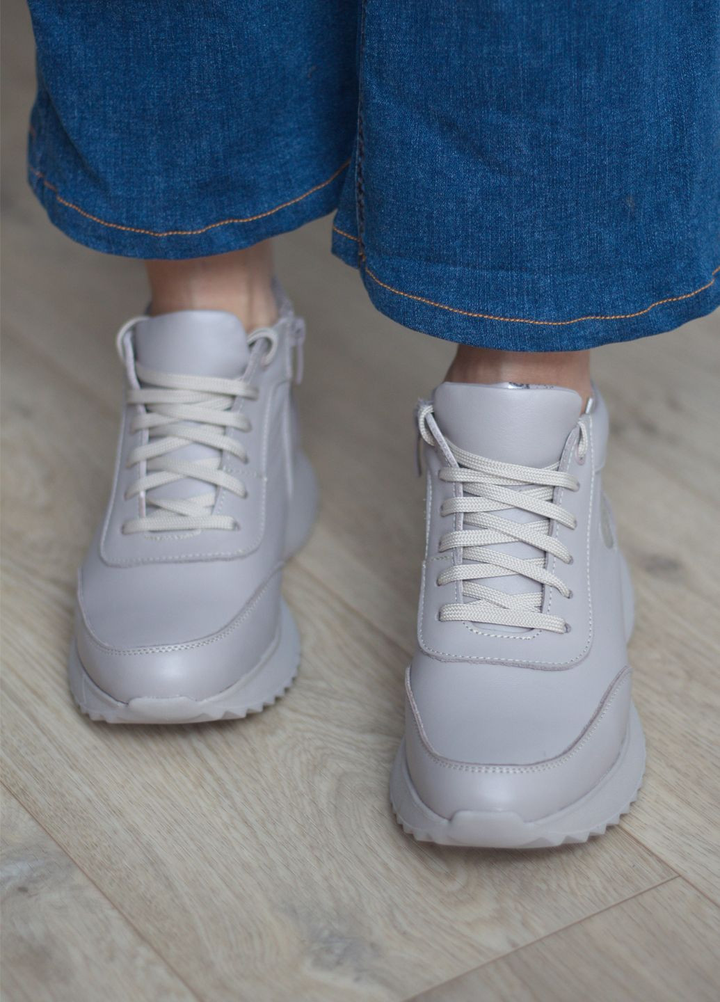 Кроссовки женские осенние из натуральной кожи на байке Zlett 3802 Б бежевые демисезоны (301406922)