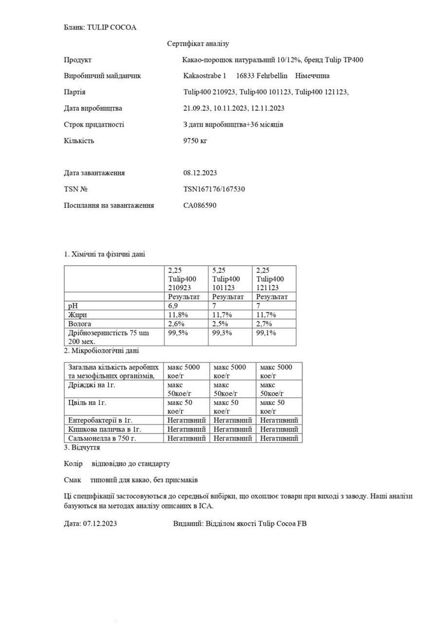 Какао порошок алкалізований 12%, Німеччина, 500 г Tulip (319133428)