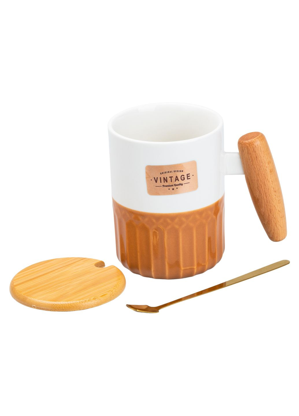 Чашка керамическая 400 мл Vintage с бамбуковой крышкой и ложкой, оранжевый с белым. No Brand HP7204BR (298915559)