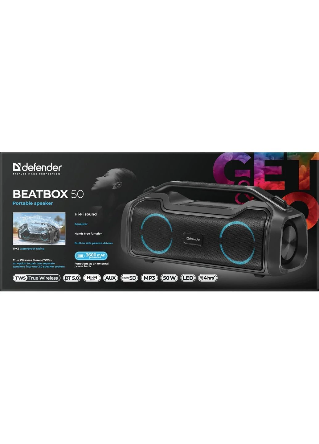 Акустична система 1.0 Beatbox 50, 50W, Bluetooth/RGB/TF/TypeC/IPX5/PWB чорна Defender (330030400)