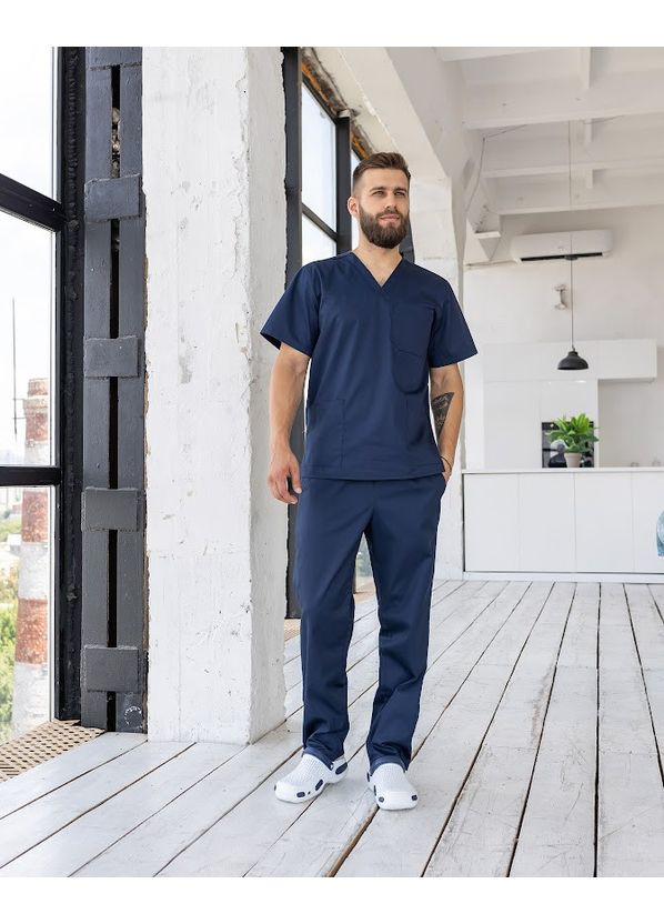 Синій демісезонний костюм медичний чоловічий герус стрейч-котон короткий рукав 46, синій No Brand