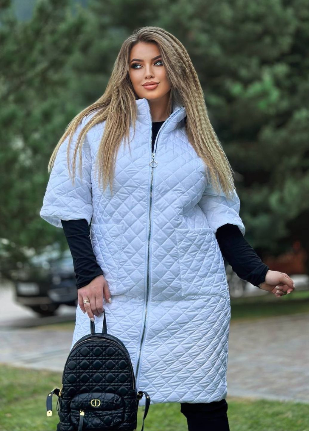 Белая демисезонная женское удлиненное стеганое пальто на синтепоне с рукавом 3/4 Україна