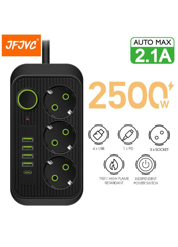 Сетевой фильтр питания 3 розетки 4 USB + 1 Type-C удлинитель F09U 2м PD (346483807)