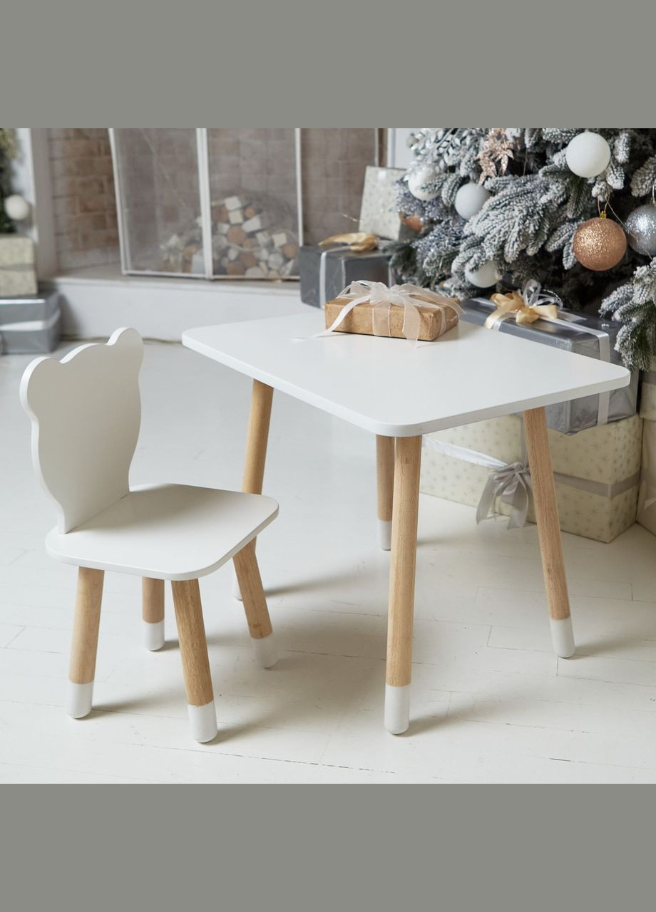 Прямокутний стіл і стільчик дитячий білий ведведик. Столик для уроків, ігор, їжі. No Brand (361259113)