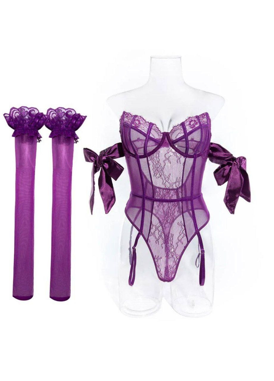 Фиолетовый демисезонный комплект женского нижнего белья набор из боди с подтяжками и чулками черный No Brand Savage