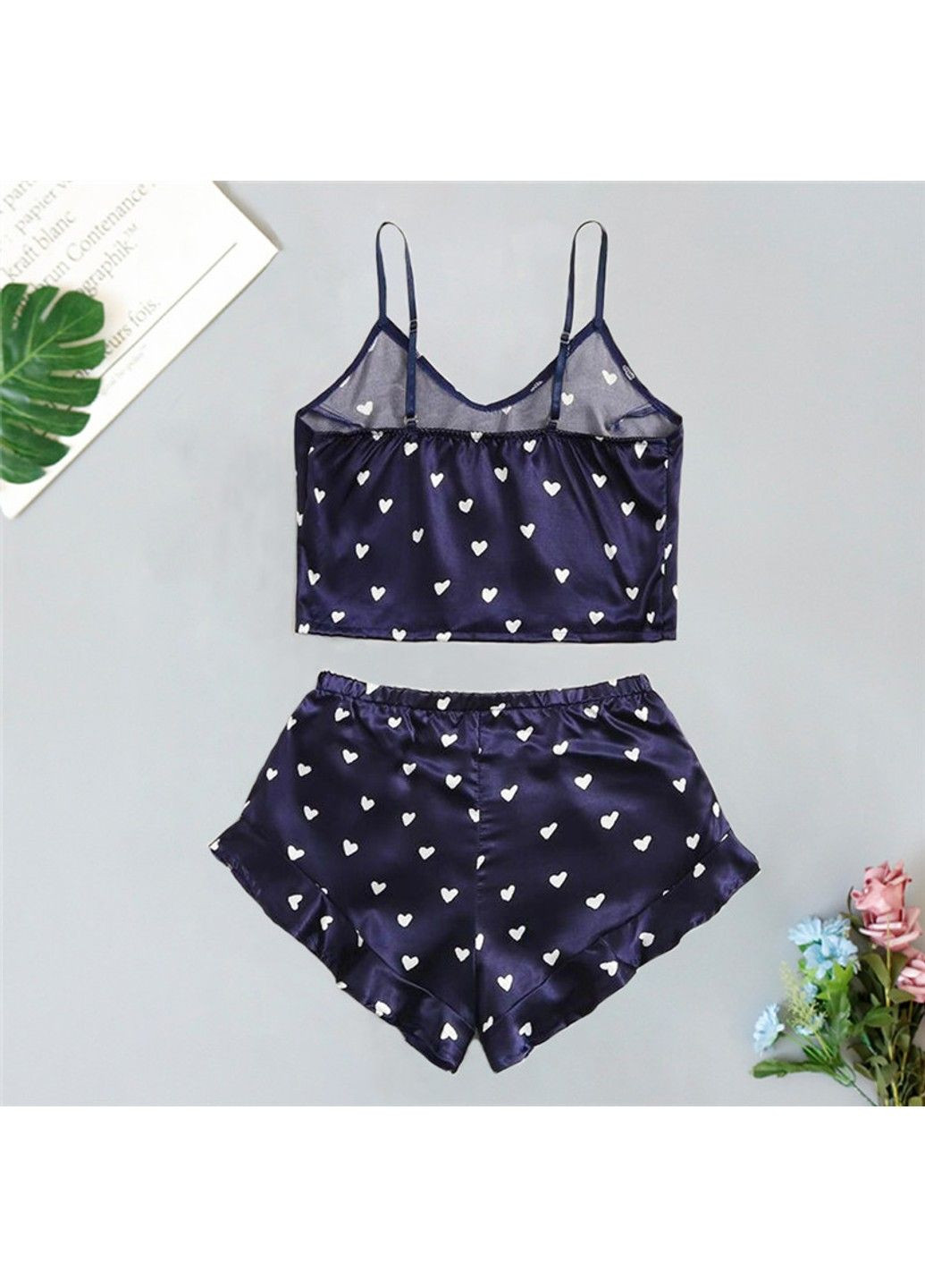 Темно-синя всесезон жіноча піжама love атласна: топ та шорти синя топ + шорти No Brand