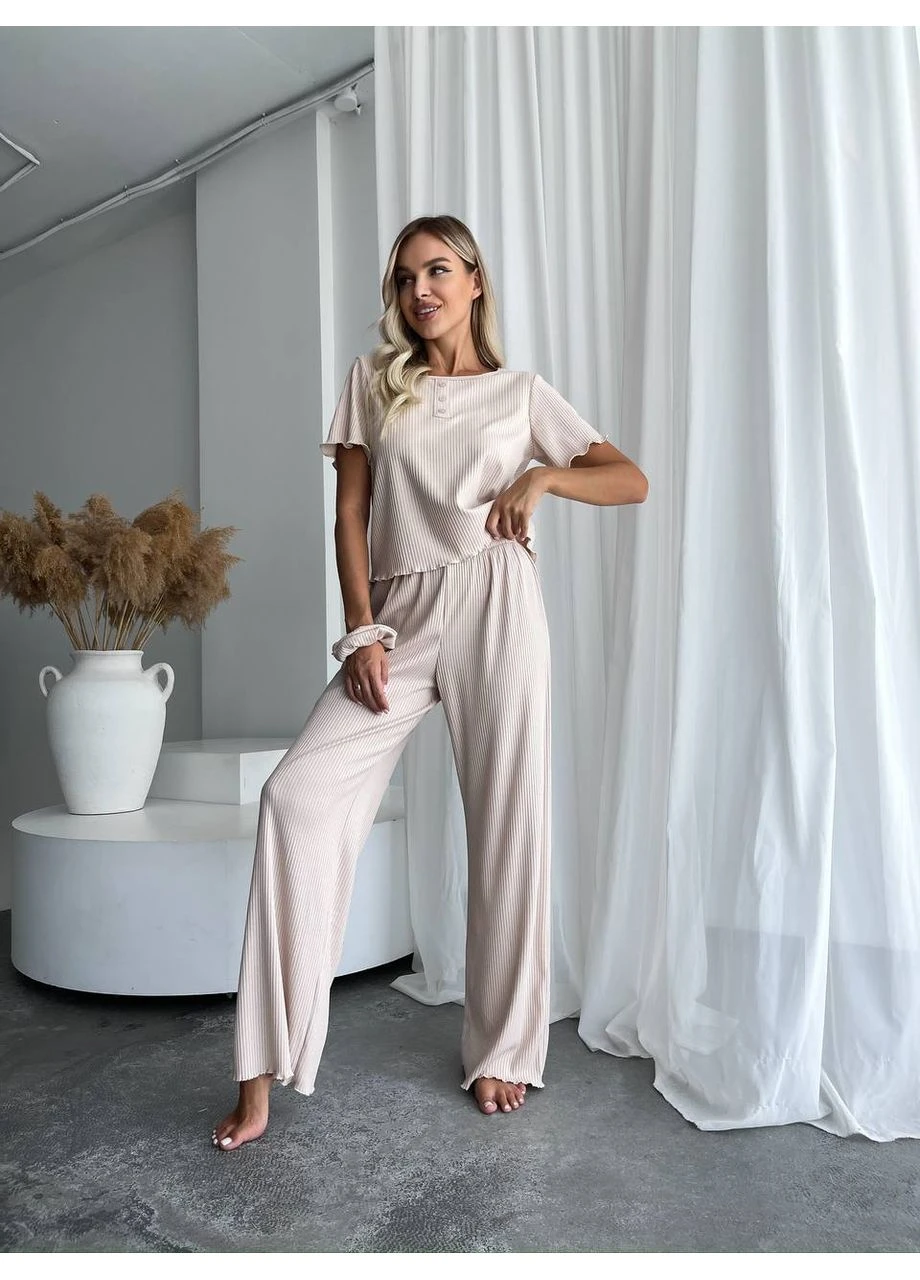 Бежевая всесезон женский домашний комплект тройка (топ+резинка+штаны) Fashion