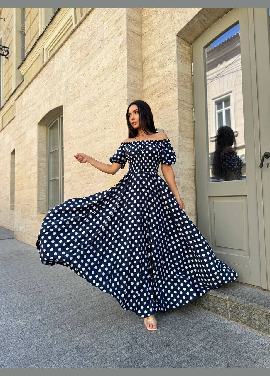 Темно-синя повсякденний, вечірня, кежуал жіноча сукня з відкритими плечима Style Point з квітковим принтом