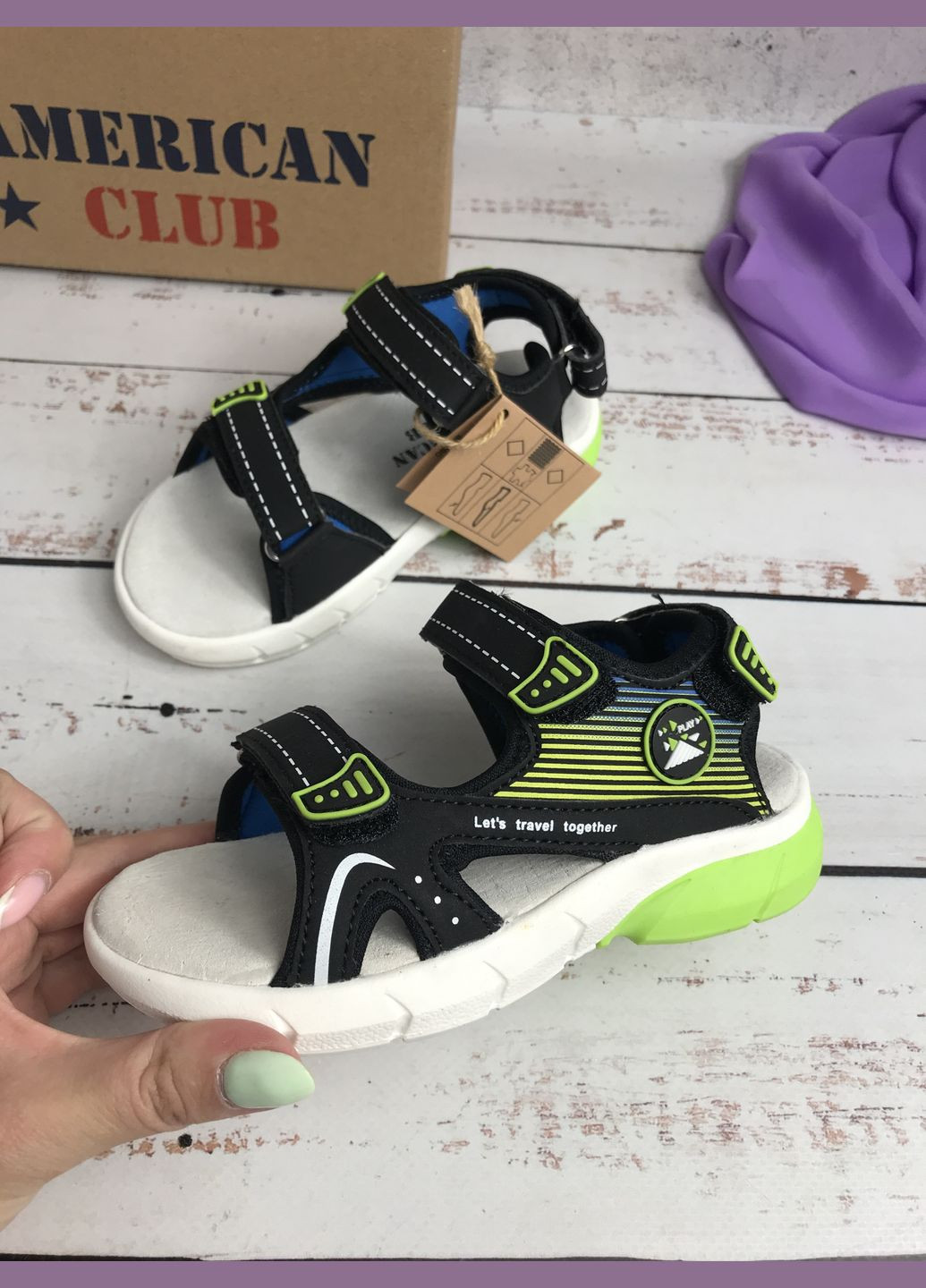 Цветные спортивные, повседневные сандалии босоножки детские для мальчиков черно-салатовый (361) American Club на липучке