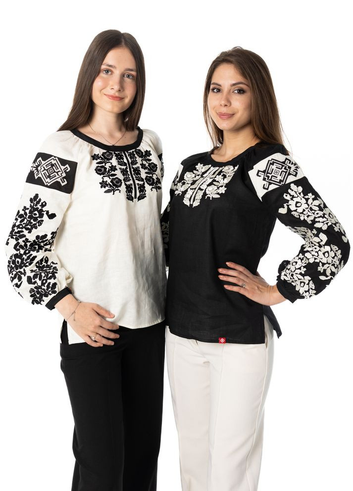 Молочна вишиванка жіноча з лляного полотна із чорною вишивкою (fm2141) Folk Moda (365729725)