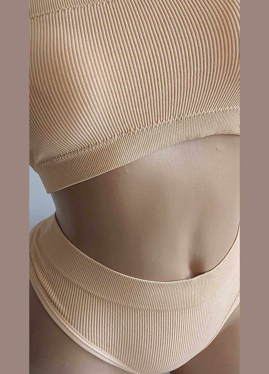 Бежевый демисезонный комплект белья женский в рубчик топ бюстгальтер трусы honey fashion accessories м/l бежевый (2-213) No Brand