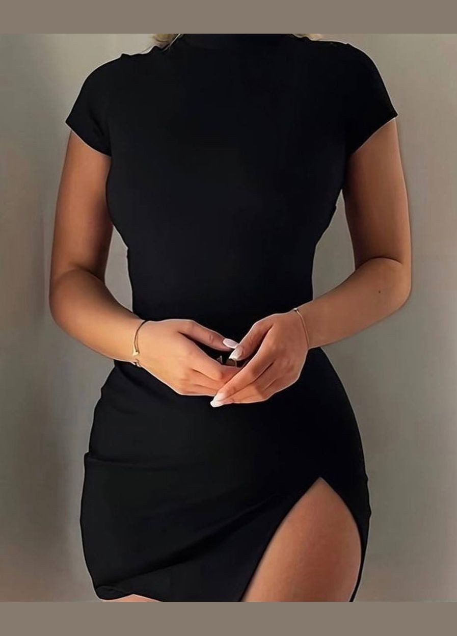 Чорна коротка чорна міні-сукня з розрізом на стегні і без рукава, приталена сукня з креп-дайвінгу з горловинною No Brand