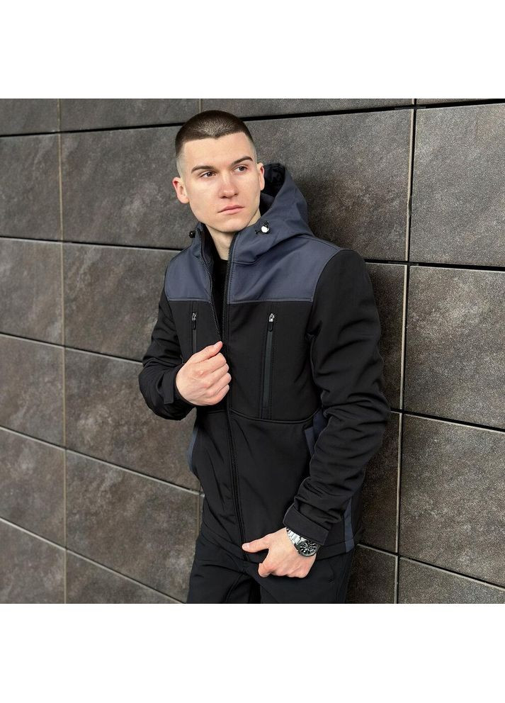 Чорна демісезонна чоловіча куртка демісезонна softshell чорна з сірим Freedom