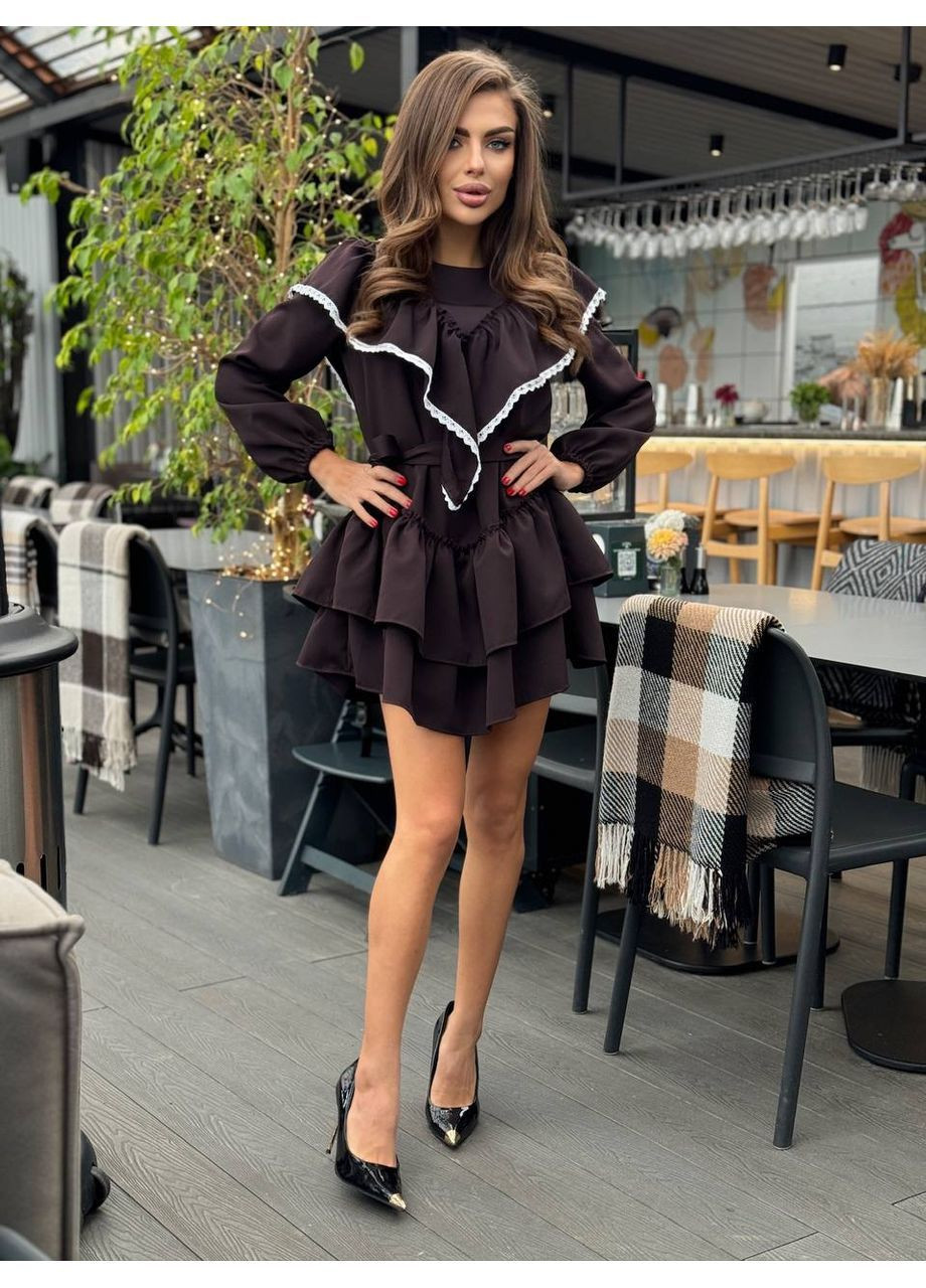 Коричнева святковий, повсякденний, коктейльна, вечірня жіноча сукня з мереживом з пишною спідницею Avanti однотонна