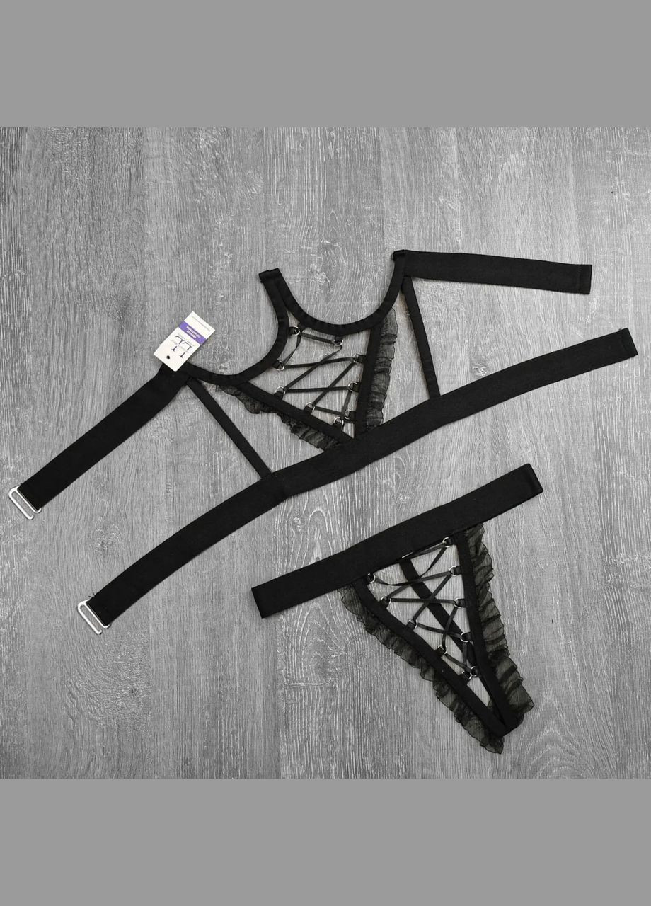 Чорний демісезонний еротичний космлект жіночої білизни корсет і трусики No Brand