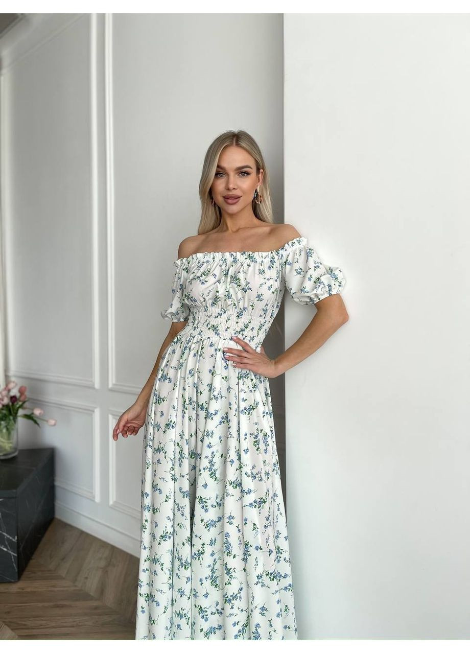 Білосніжна святковий, повсякденний, вечірня, пляжна, кежуал жіноча довга сукня з відкритими плечима Vakko з квітковим принтом