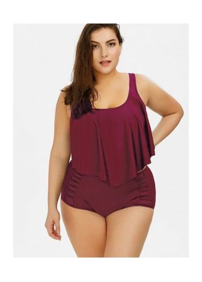 Бордовый летний раздельный купальник большого размера с рюшей China