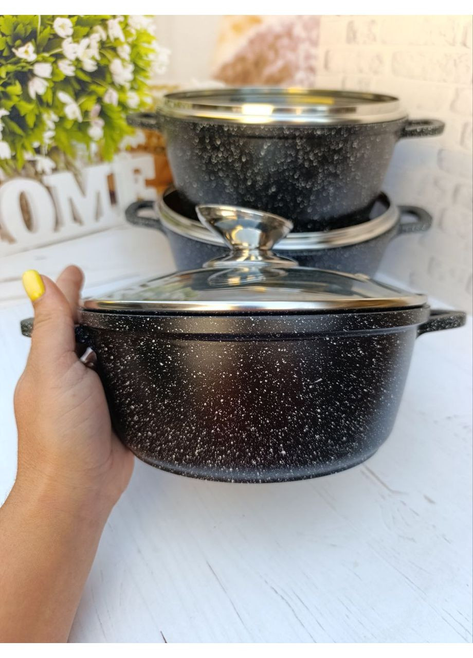 Набір каструль 1493 з мармуровим антипригарним покриттям 6 предметів Чорний Styleberg (353747730)