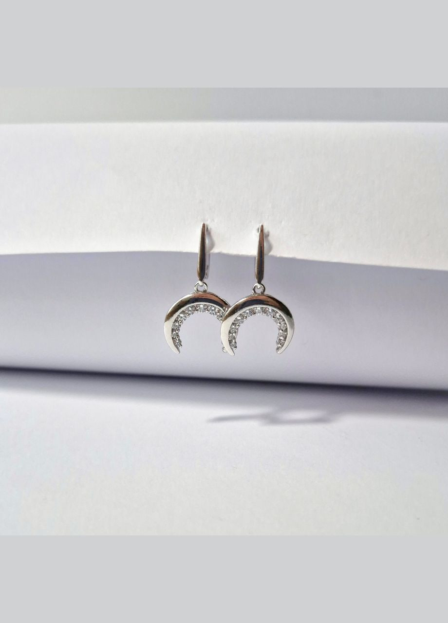 Срібні сережки із Підвіскою Лунниця з Білими каменями срібло 925 проби Родоване 53910р 4.20г No Brand (313103472)