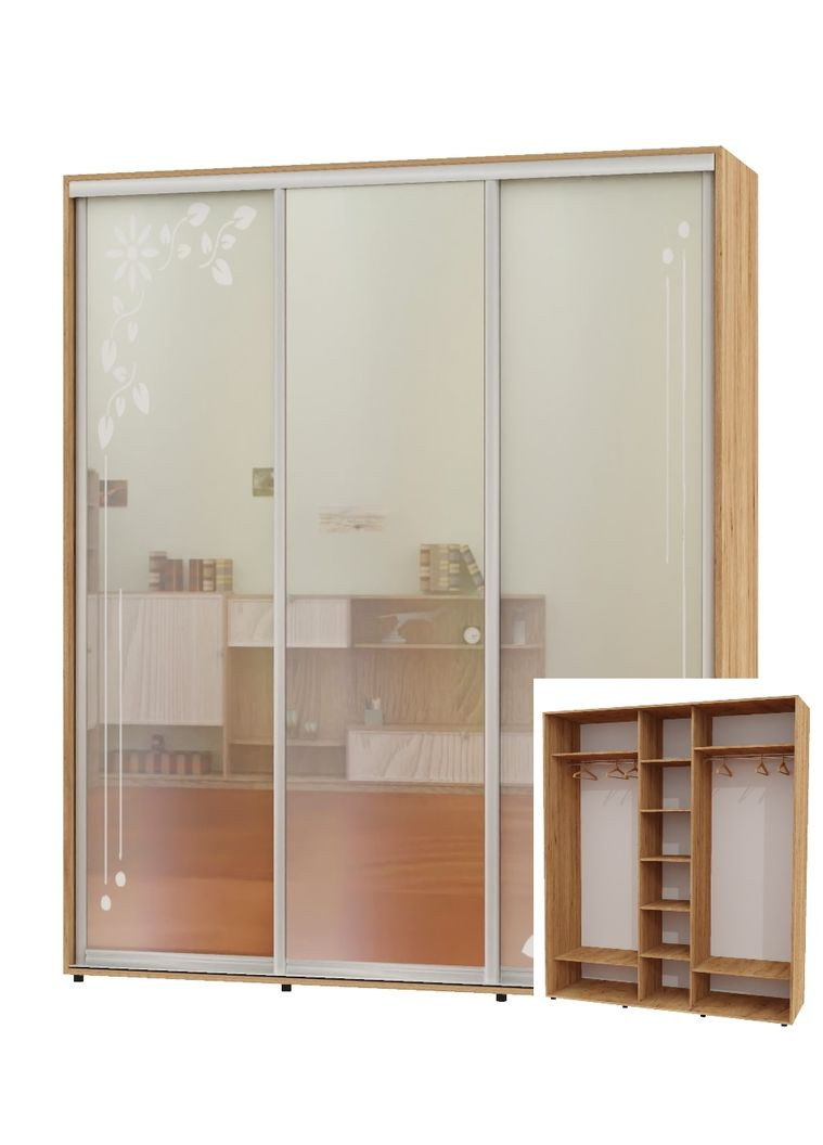 Шафа-купе тридверна 210*60*230 Дуб крафт золотий 2 Дзеркала з піскострумним малюнком/Дзеркало ШК-04 Алекса (360477188)