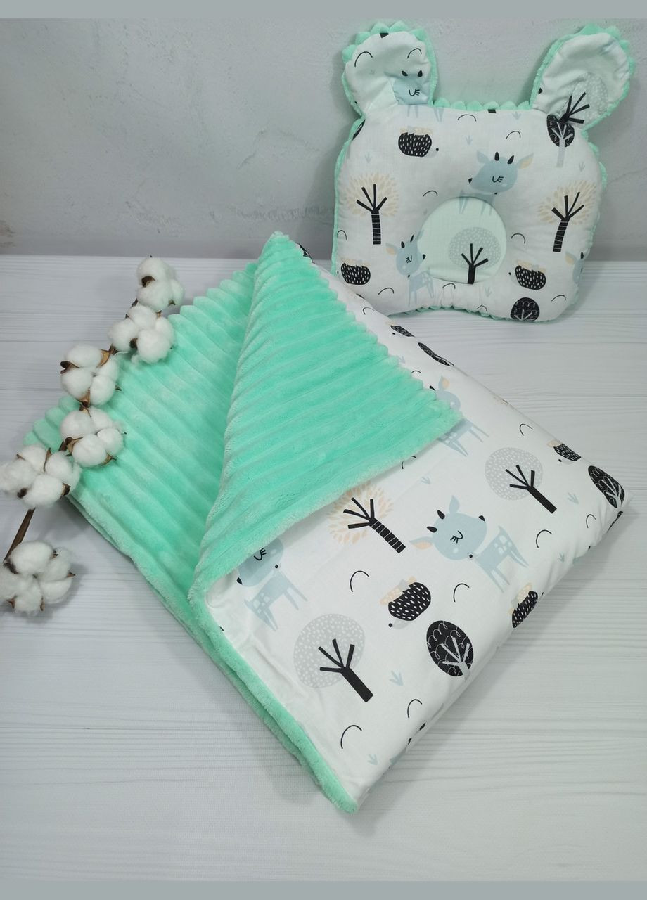 Плед 2в1 зі знімним утеплювачем + подушка a.l.babybox Олені у лісі М'ятний No Brand (315488415)