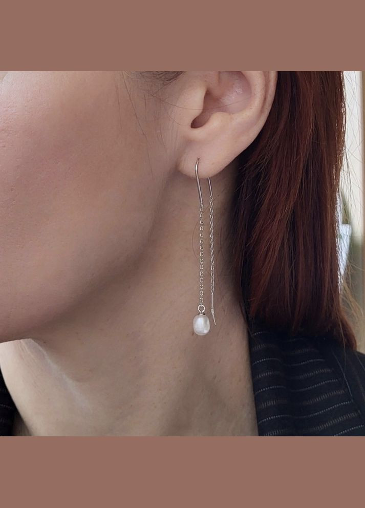 Серебряные сережки протяжки цепочки с белой Жемчужиной Серебро 925 пробы Родированное с2ж/4022 1.90г No Brand (324271615)