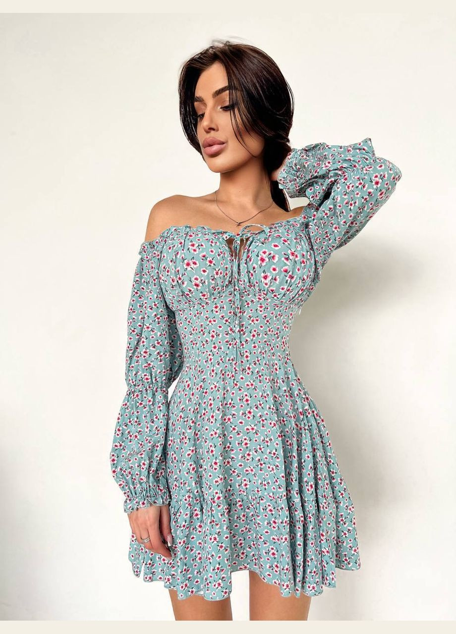 Оливкова повсякденний міні сукня в квітковий принт з пишною спідницею Adelante з квітковим принтом