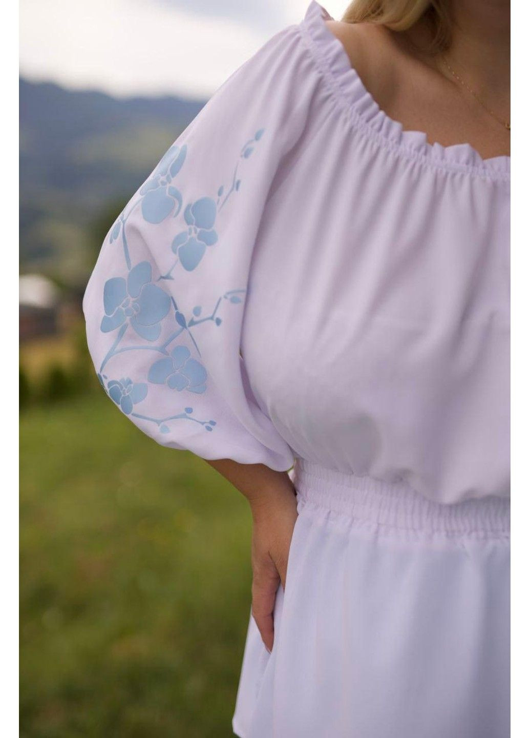 Костюм з блузою, з накатом, " ОРХІДЕЯ " мод ВДЖВ- 1031, білий+блакитний, 56-58 No Brand (355469540)