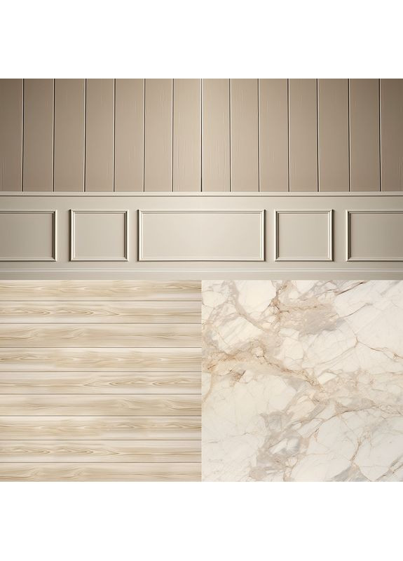 Кутовий вініловий фотофон 3D, бежева панельна стіна, підлога світле дерево і кремовий мармур, 80×80 см, №58341 PhotoVinyl (354364755)