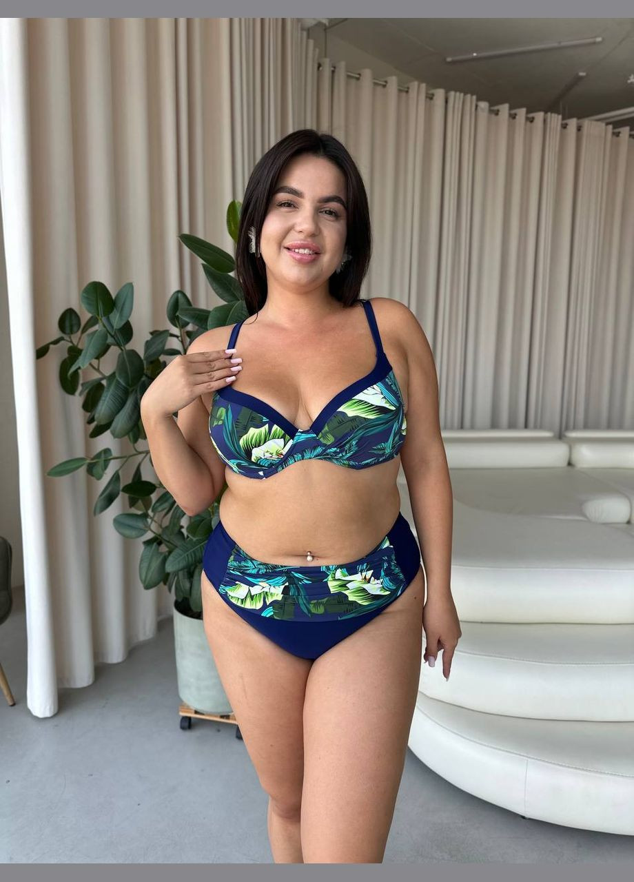 Темно-синий летний стильный раздельный купальник с высокой посадкой. раздельный Vakko