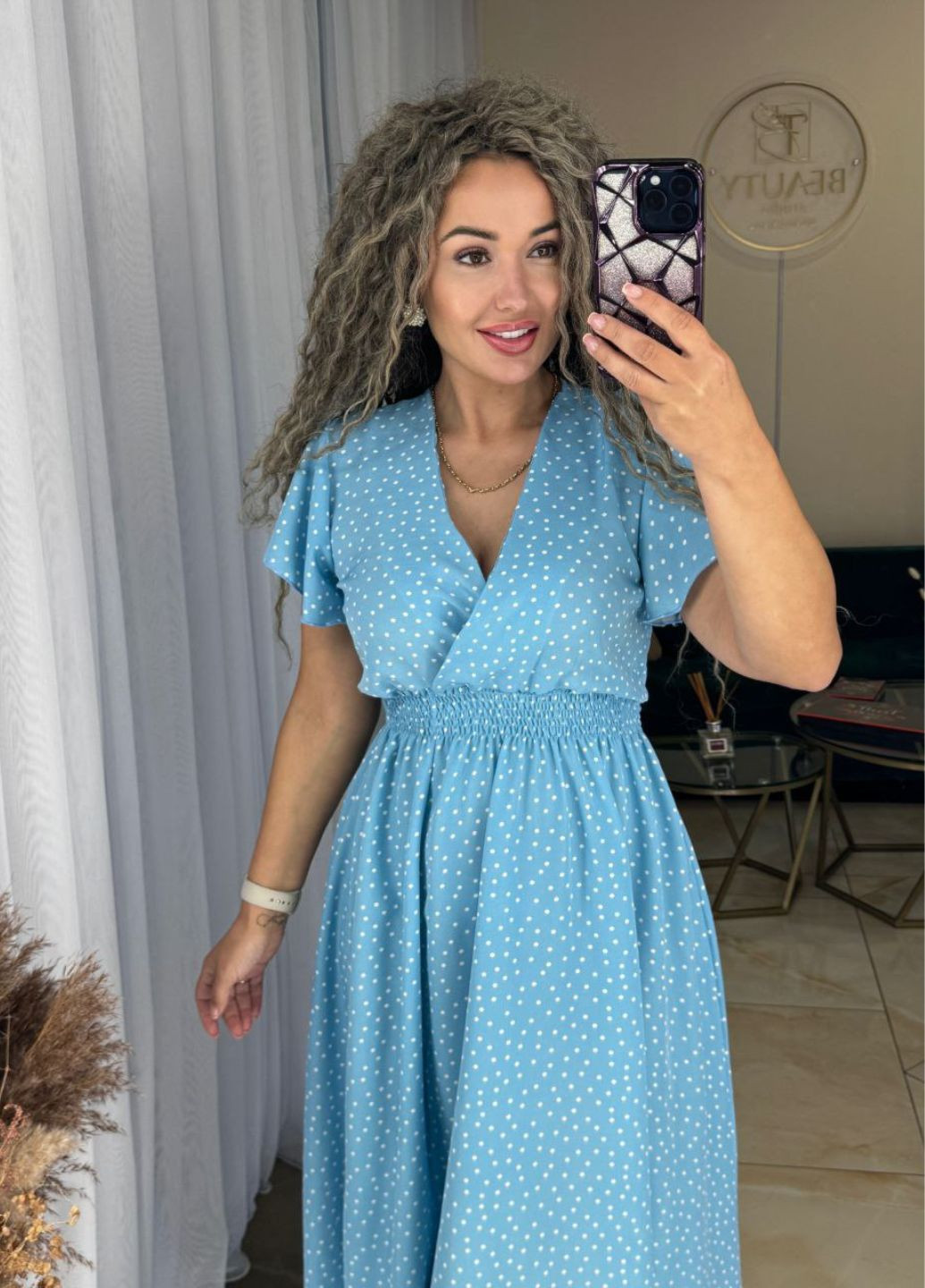 Голубое повседневный платье в горошек с рукавами-крылышками Tik-Tak в горошек