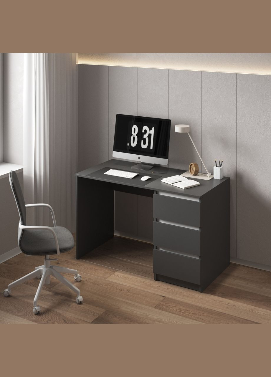 Комп'ютерний стіл, письмовий стіл з тумбою справа на три висувних ящика c фасадами без ручок R-1 Антрацит / Білі планки VAYS (373034358)