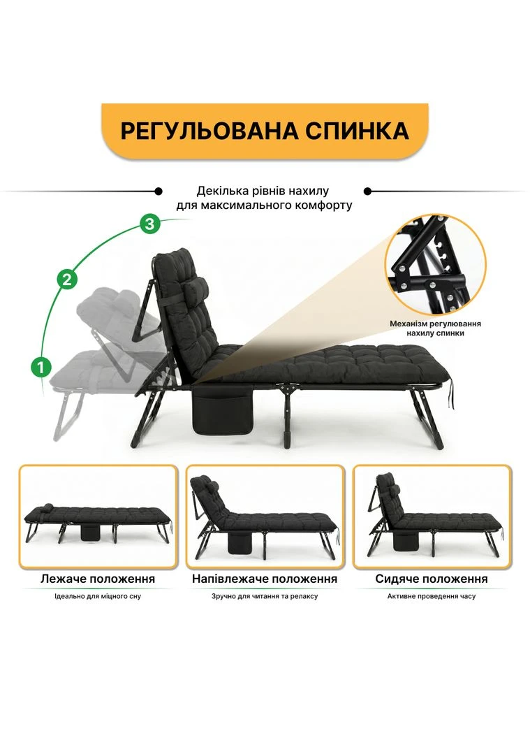Розкладне ліжко (розкладачка) з подушкою Темно-сіре (FB-S04-PPB) LEOBRO (360400156)