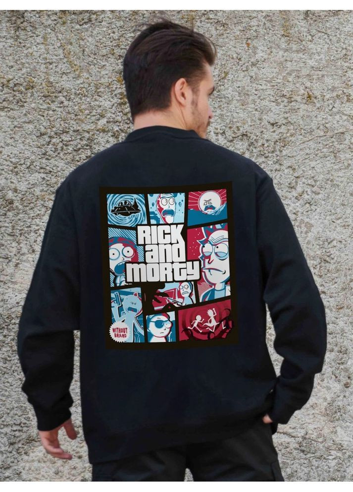 Чорний утеплений оверсайз світшот на флісі з принтом rick and morty black Without (362441491)