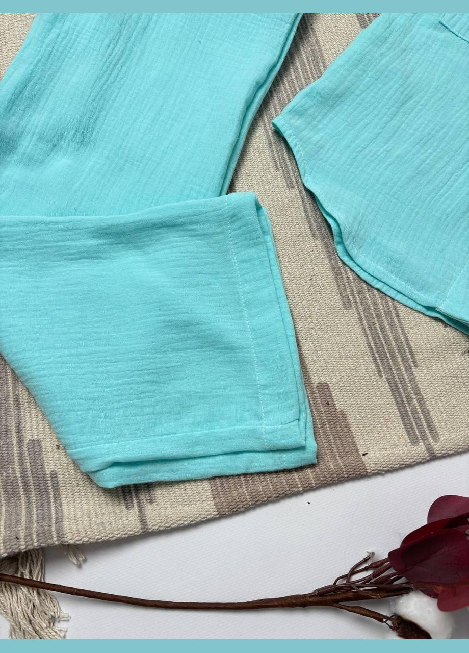 Бірюзовий літній дитячий мусліновий комплект унісекс ментол блуза+штани палаццо mrou з сорочкою, брючний No Brand