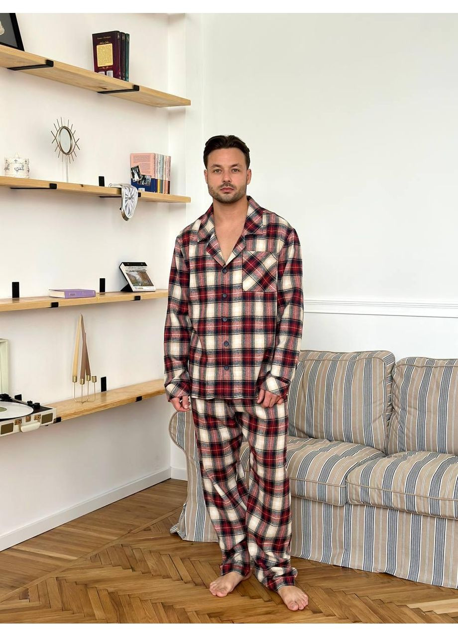 Бордовая пижама в клетку из ткани тиар: рубашка и штаны, парный домашний костюм в клетку L&L