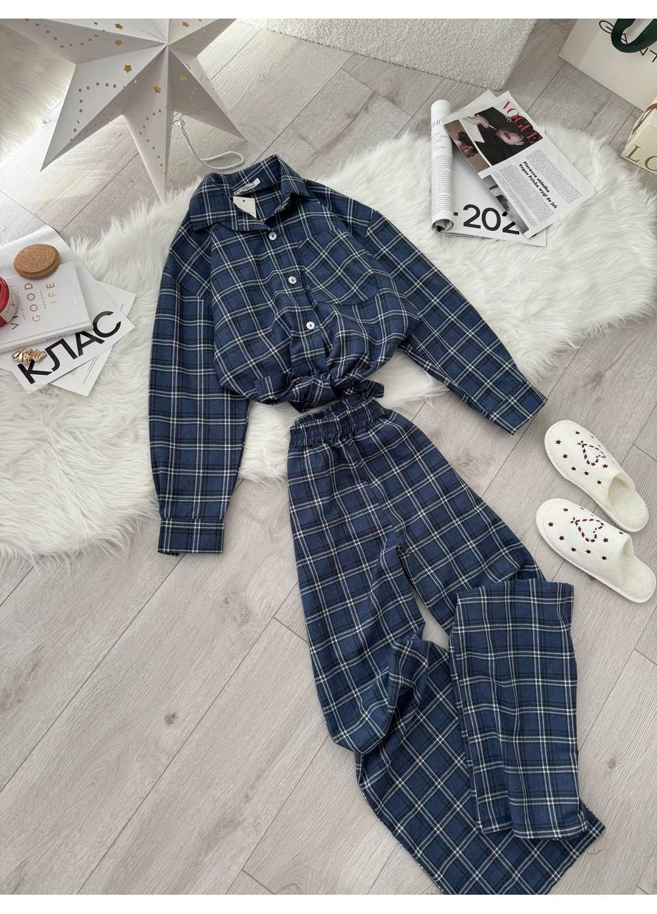 Синяя женская фланелевая пижама в клетку рубашка + брюки No Brand С832/833-806/3