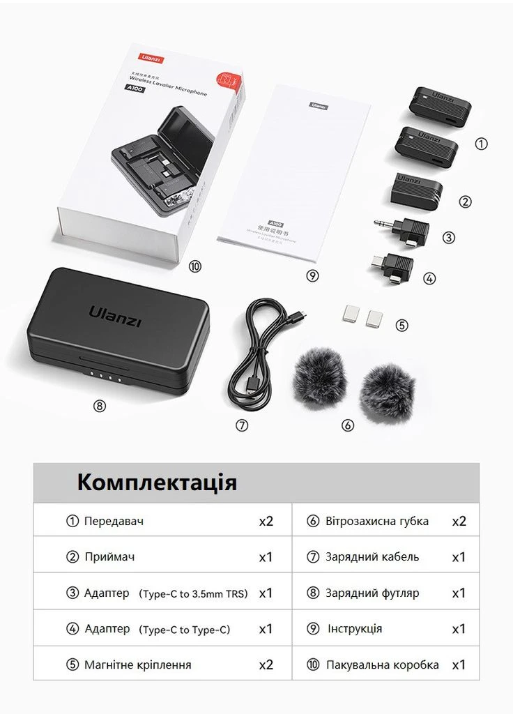Микрофон петличный беспроводной A100 для телефонов с разъемом Type-C и 3.5 мм Ulanzi (378291947)
