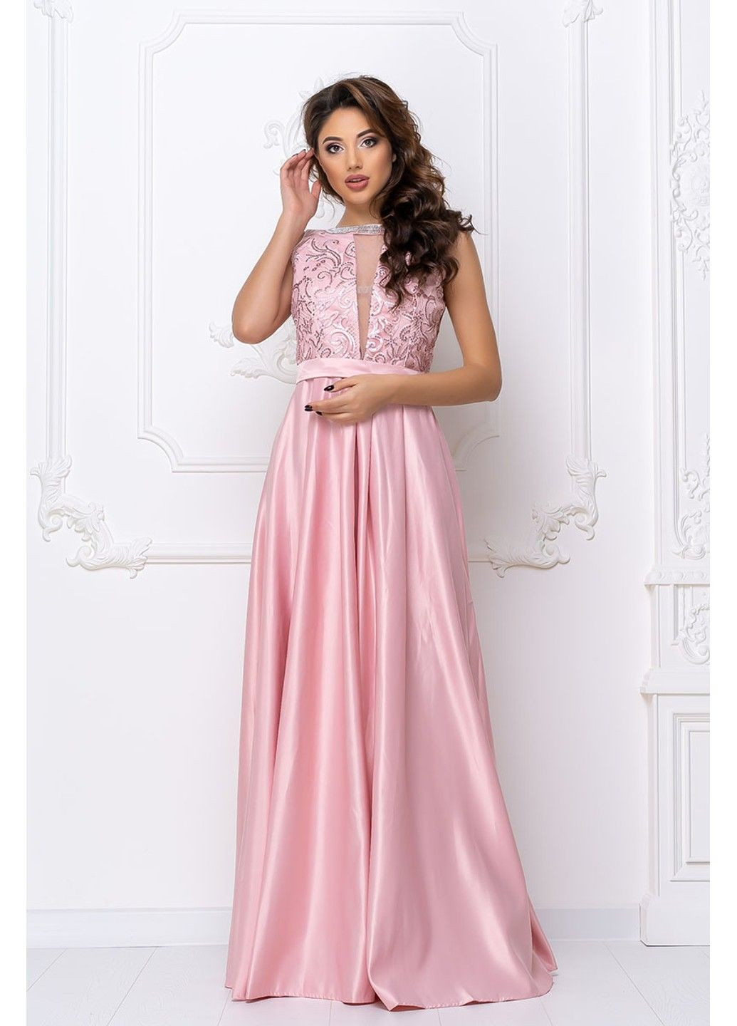 Розовое вечернее платье атлас макси 9004 розовая Tanita-Romario
