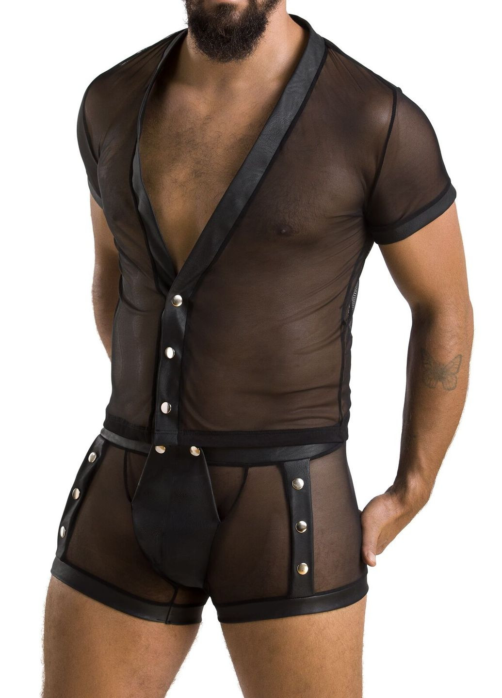 Комплект сітчастої чоловічої білизни Set Michael, чорний, сорочка, боксери, заклепки Passion (297394237)