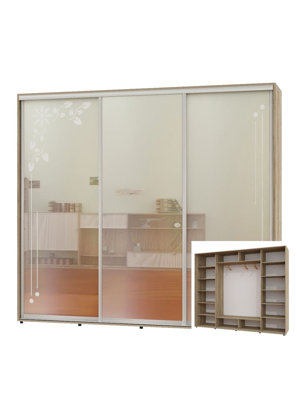 Шафа-купе тридверна 240*60*240 Дуб крафт сірий 2 Дзеркала з піскострумним малюнком/Дзеркало ШК-05 Алекса (360477762)