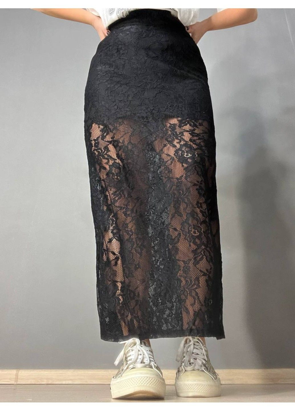 Черная юбка женская shiqi 9314 гипюровая прозрачная длинная с подкладкой стрейтчевая черная No Brand