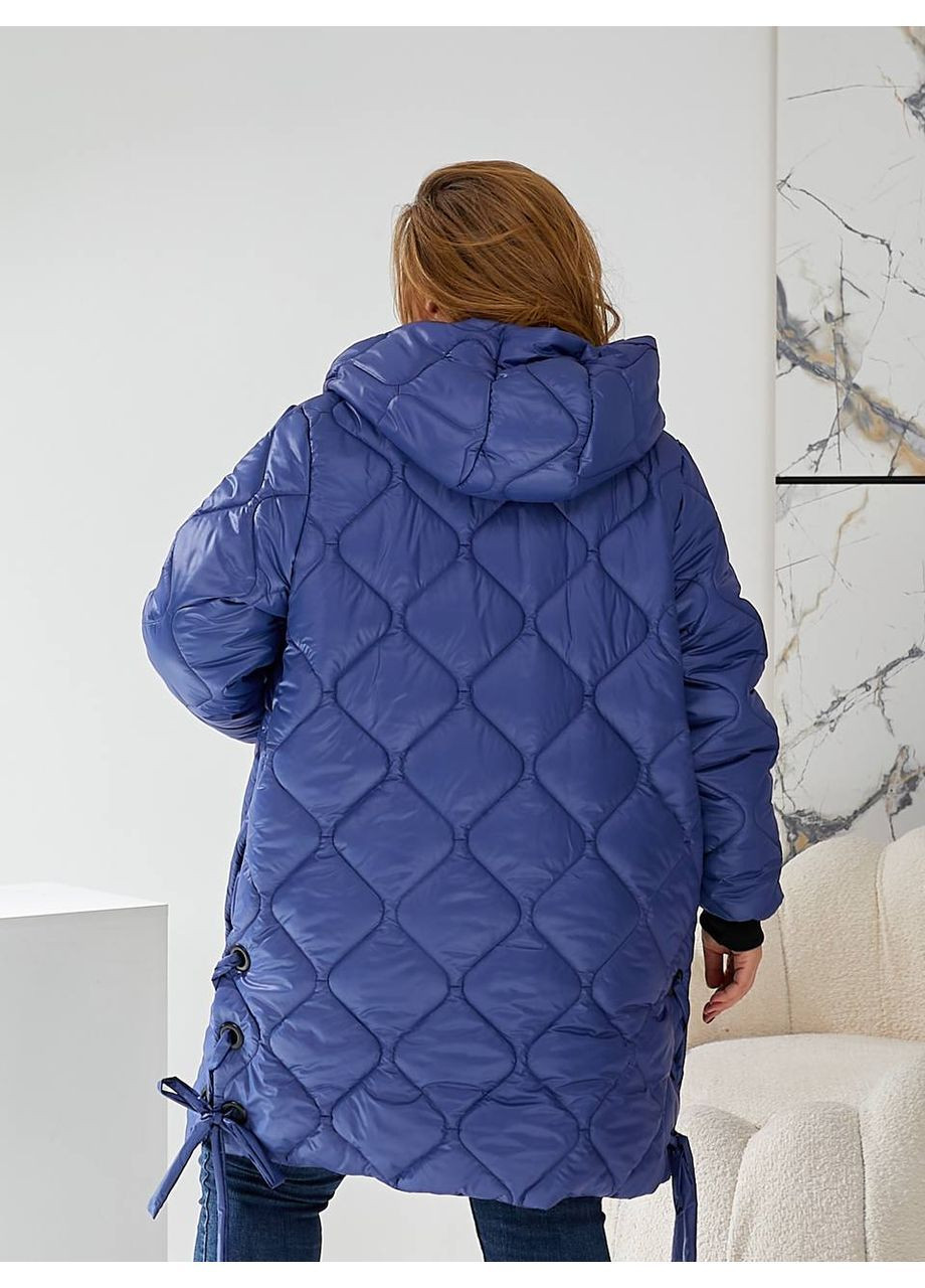 Синя зимня куртка-пальто плащівка лаке на синтепоні 250,стьобана з глибоким капюшоном та кишенями Україна