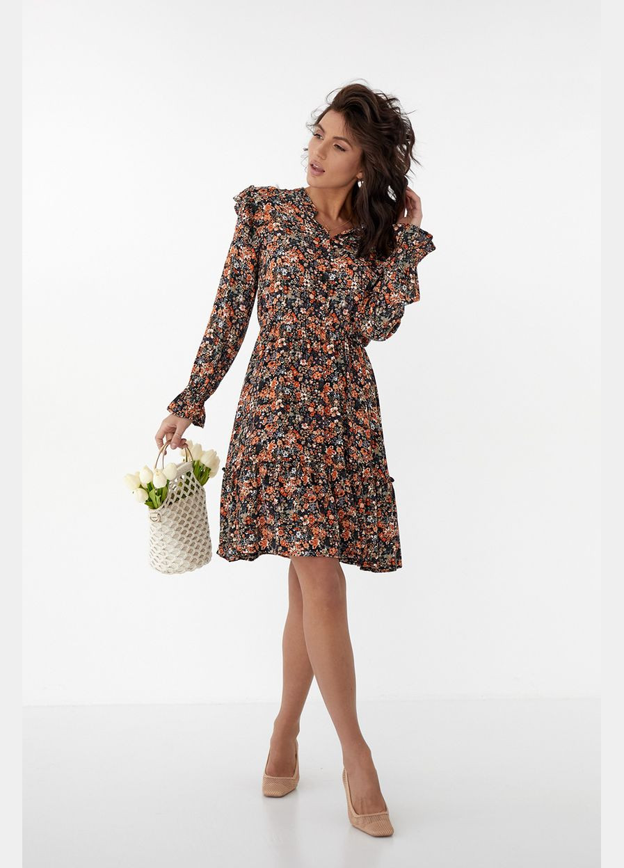 Гірчична вечірня квіткова сукня з рюшами crep - гірчичний колір, s (sku_90183) No Brand з квітковим принтом