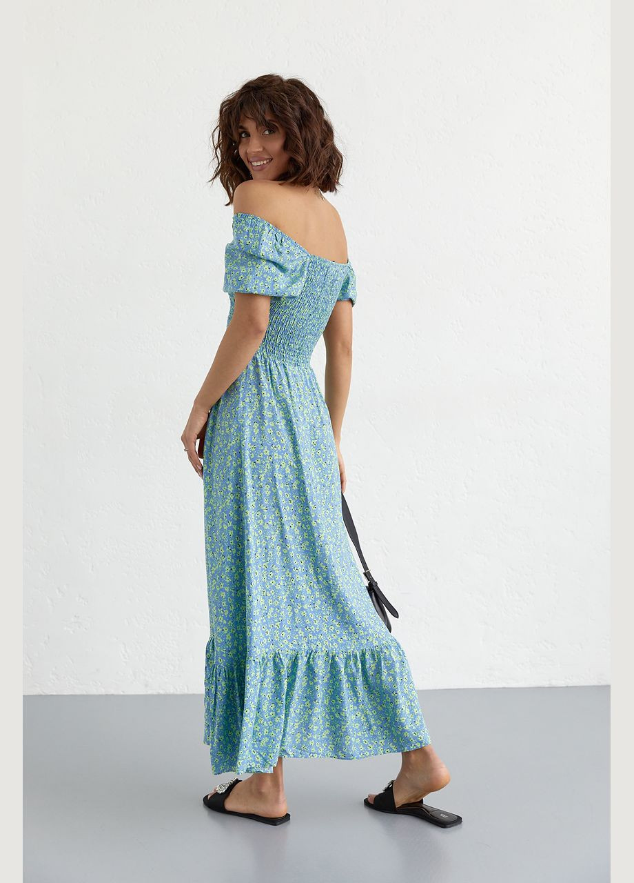 Синя повсякденний жіноча довга сукня з еластичним поясом 5554 Lurex з квітковим принтом