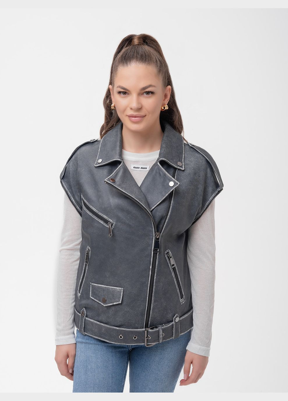 Серо-синяя демисезонная женская кожаная куртка весна Fabio Monti