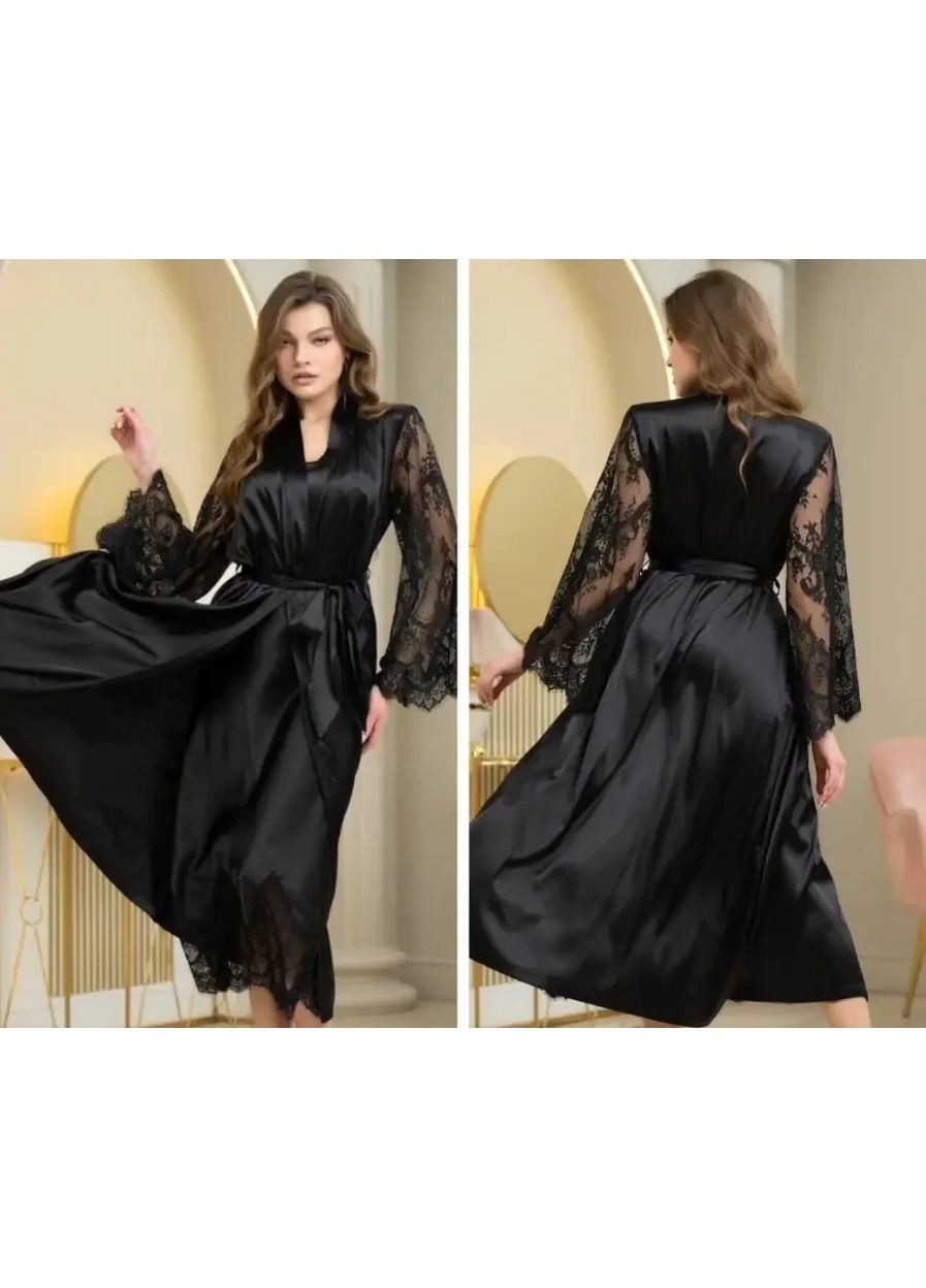 Атласный халат из французского кружева. Женский длинный халат с кружевом. China (360863022)