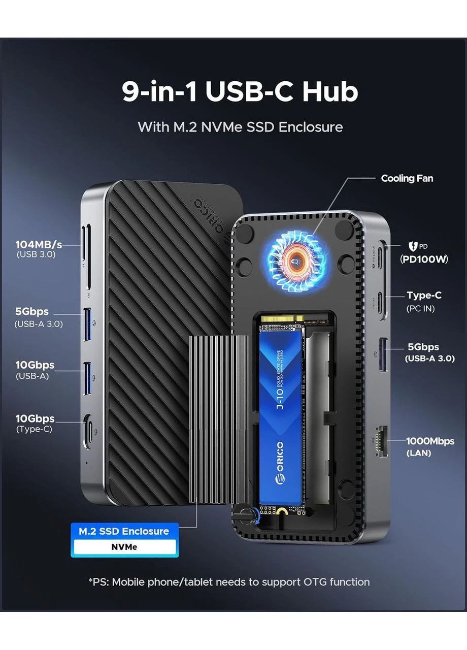 Док-станція USB-C хаб M2P7 9-в-1 з корпусом для M.2 NVMe SSD — 10 Гбіт/с, активне охолодження, Gigabit Ethernet, PD 100 Вт Orico (388579768)