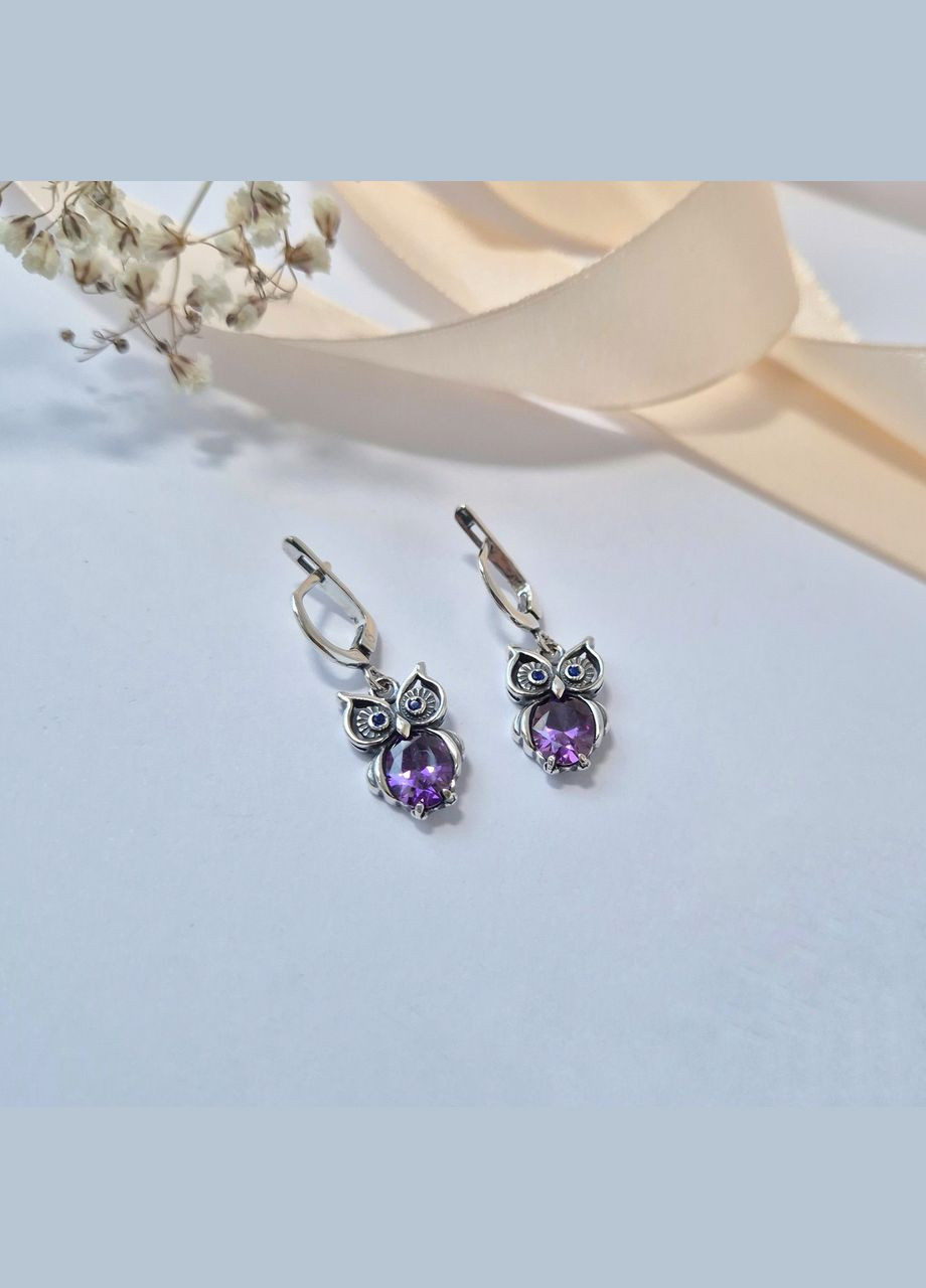 Срібні сережки з підвіскою Сова із Бузковими каменями срібло 925 проби Чорнене 2474 5.74г No Brand (315359656)