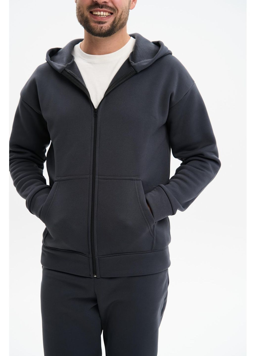 Чоловічий теплий спортивний костюм Великого розміру на блискавці з тринитки на флісі, графіт No Brand (365830125)